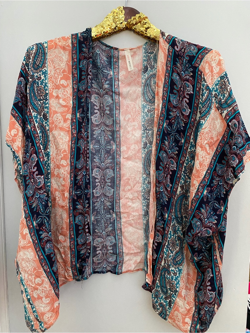 Boho Stripe Paisley Open Kimono - Coral & Navy size Medium